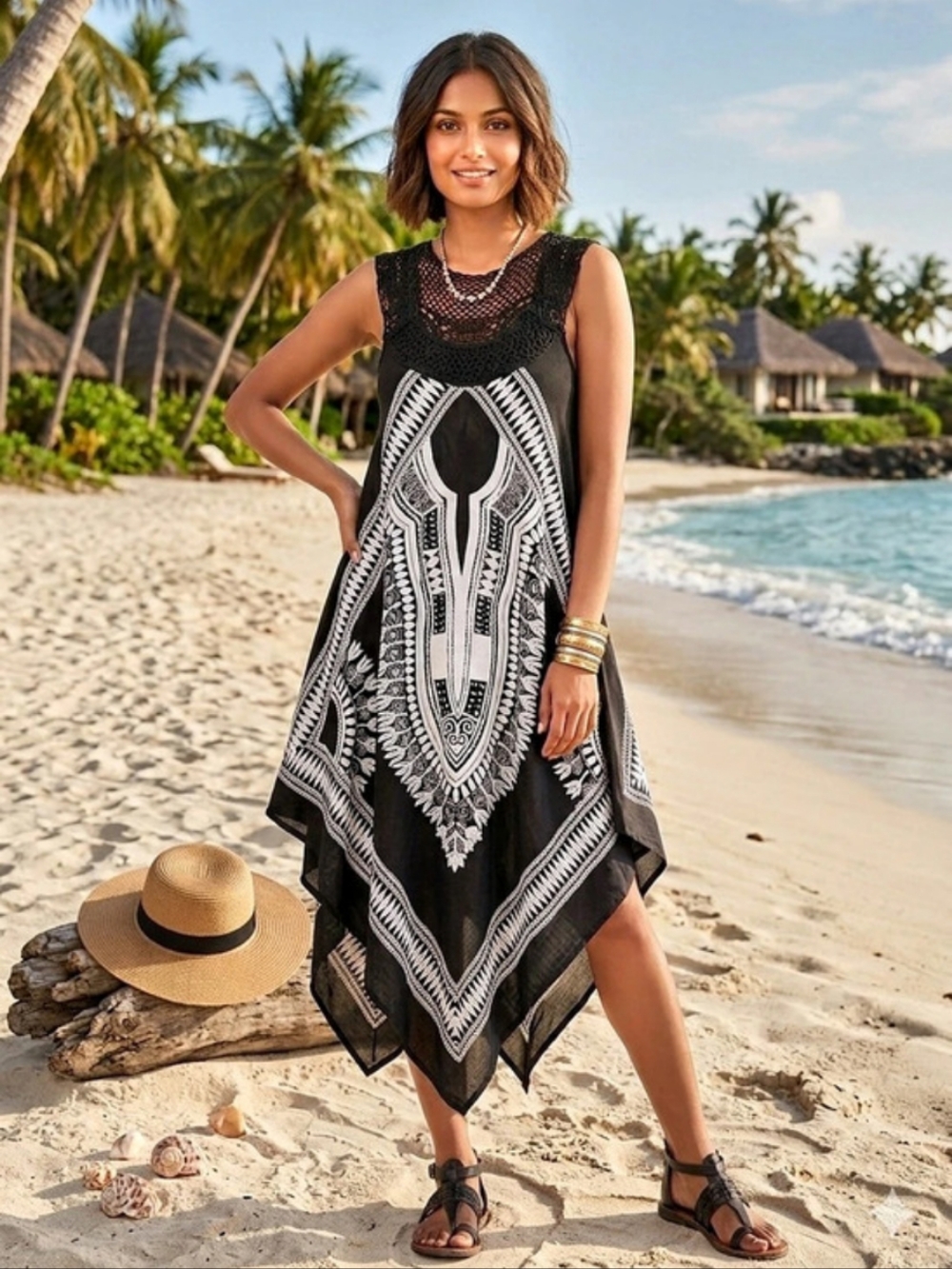 India Boutique Black White Handkerchief Hem Crochet Dashiki Tunic Dress One Size
